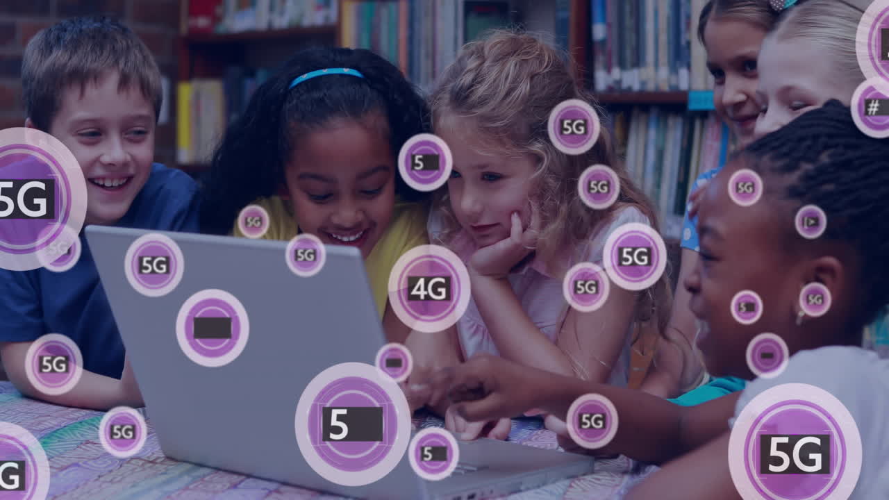 Children using laptop with 5G technology animation overlay in library setting