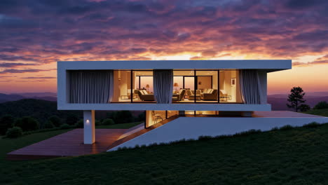 modern mountain house at sunset