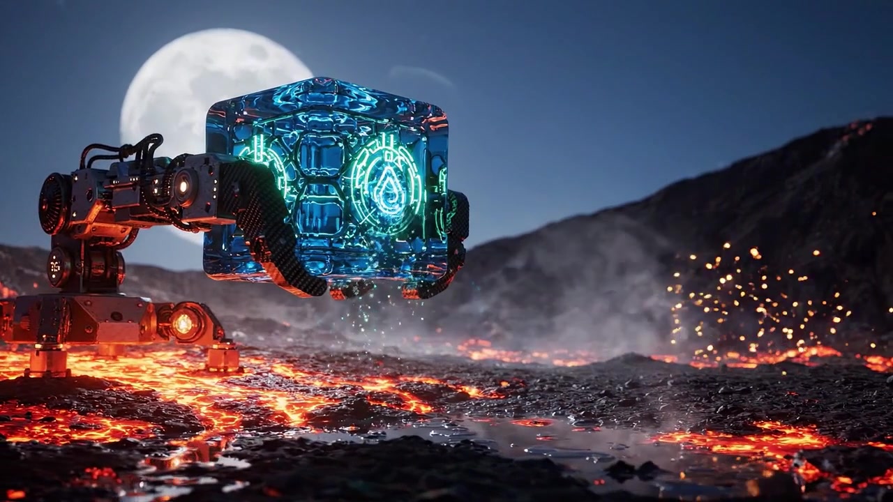 Futuristic robotic arm interacts with a glowing cube on a volcanic landscape under a full moon, capturing the striking beauty of molten lava and technology.