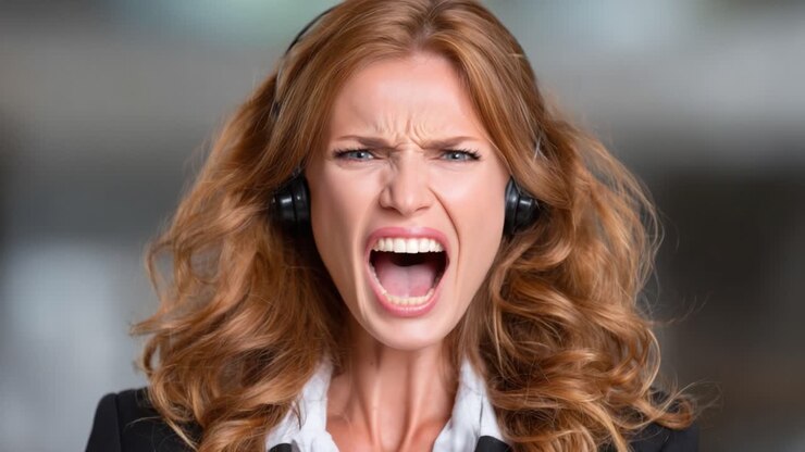 Un professionnel frustré exprimant des émotions intenses en criant dans un casque, capturant l’essence du stress au travail et des problèmes de communication.