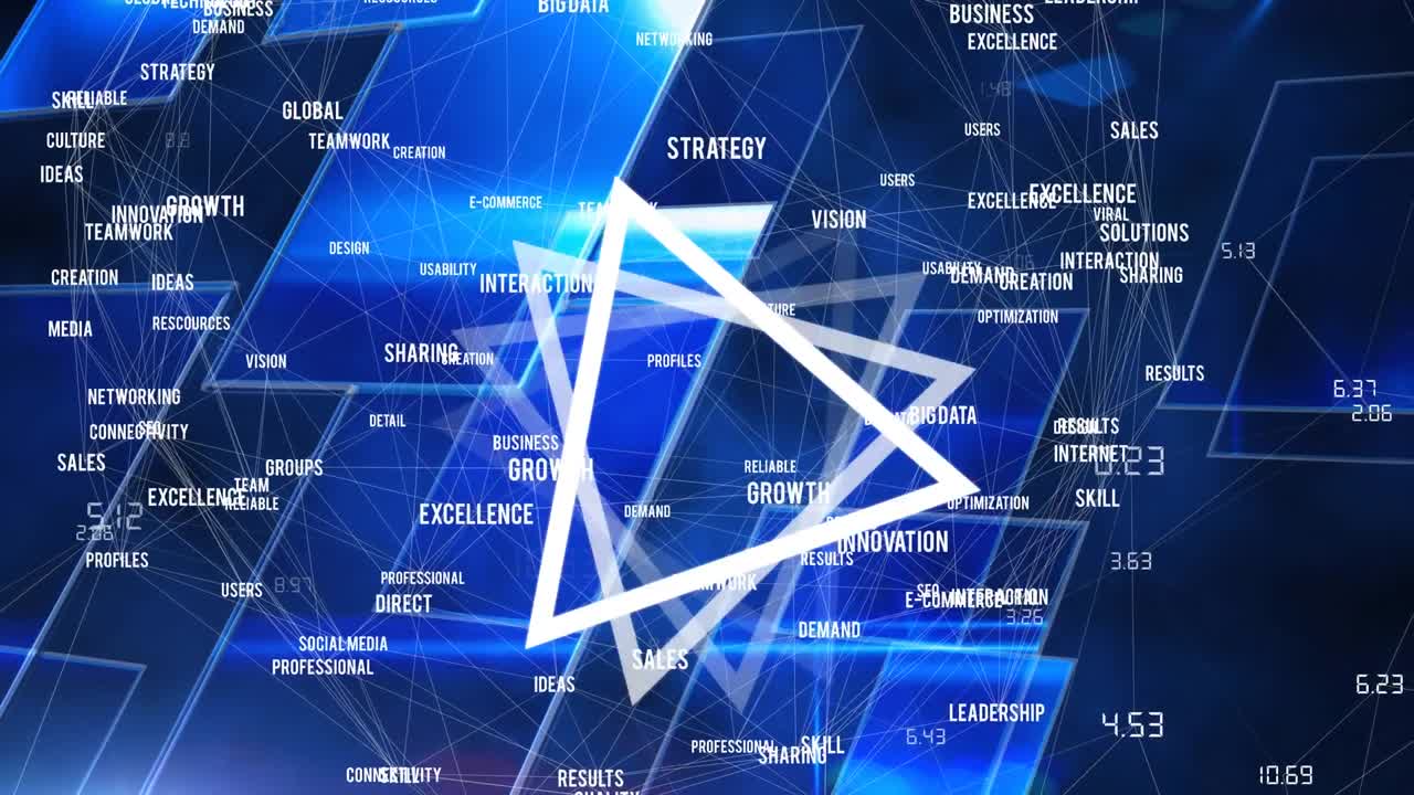 파란색 바탕에 회전하는 삼각형으로 연결된 네트워크의 애니메이션