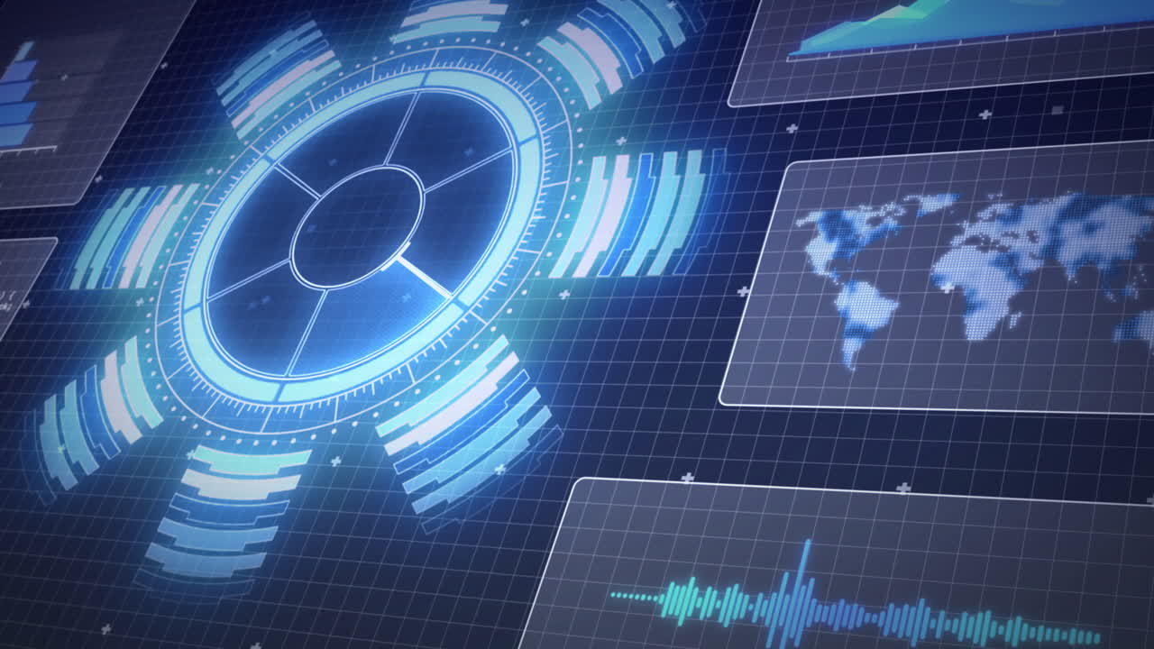 animación del escaneo del alcance, el procesamiento de datos y el mapa del mundo en pantallas sobre cuadrícula