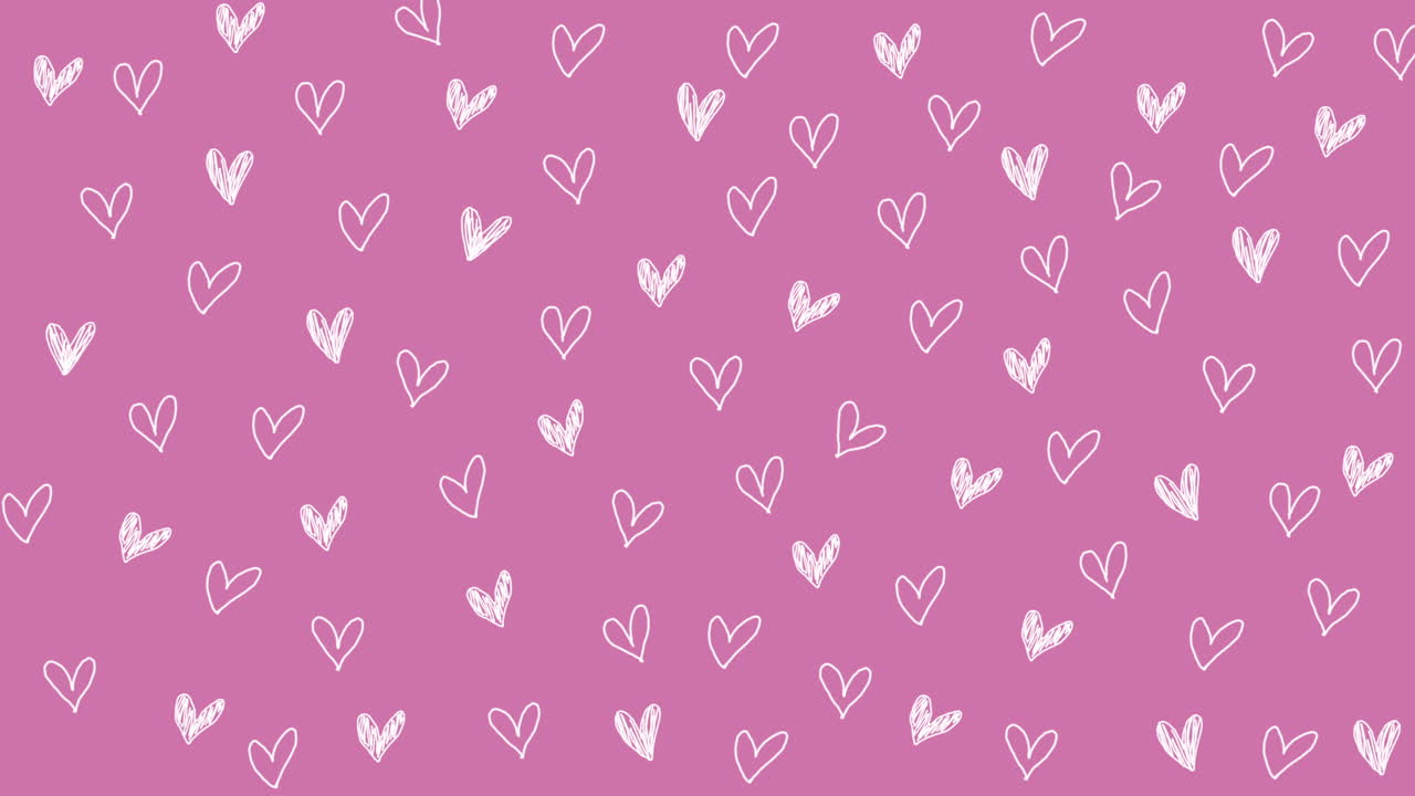 Simple repeating texture with cute hearts. Stylish loop festive animation of hand draw heart shape on pink background.