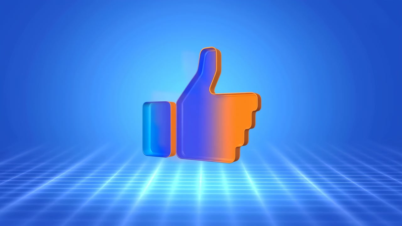 Glossy thumbs up icon stands centered above luminous blue grid floor, with bright cyan core glow, orange edge accents, reflective surfaces, smooth gradient backdrop, clean futuristic digital mood