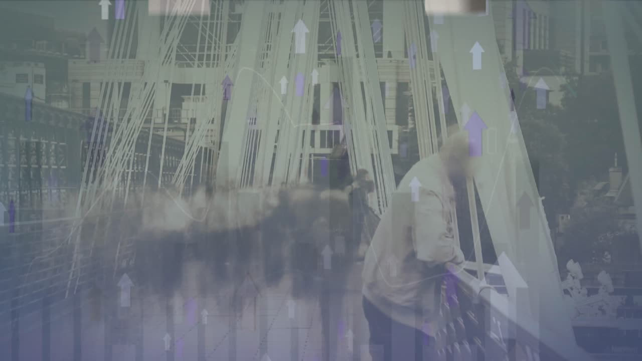 화살표와 다리 위를 는 사람들의 금융 데이터 처리의 애니메이션