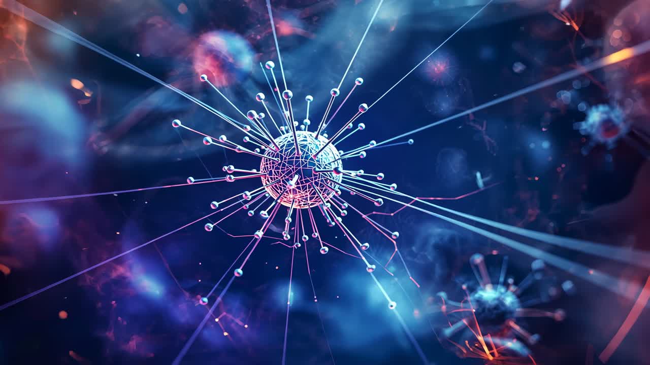 Emerging sphere with rods rotating in space, pulsing glow with sparks and orbs showing energy flow