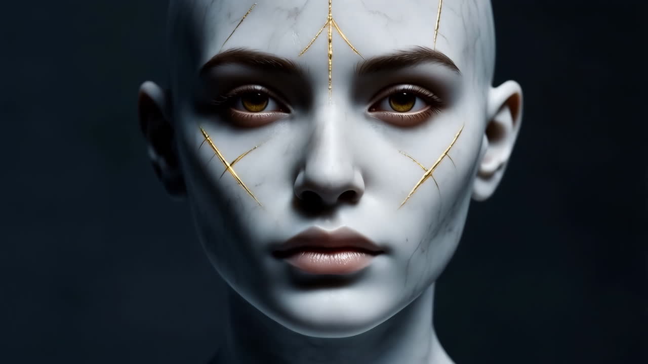 Close-up Portrait of a Futuristic Woman with Golden Facial Markings