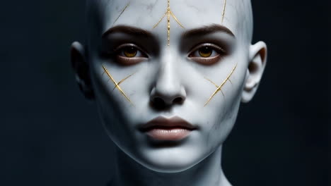 close-up portrait of a futuristic woman with golden facial markings