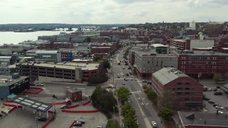 drone high above city buildings in downtown portland, maine