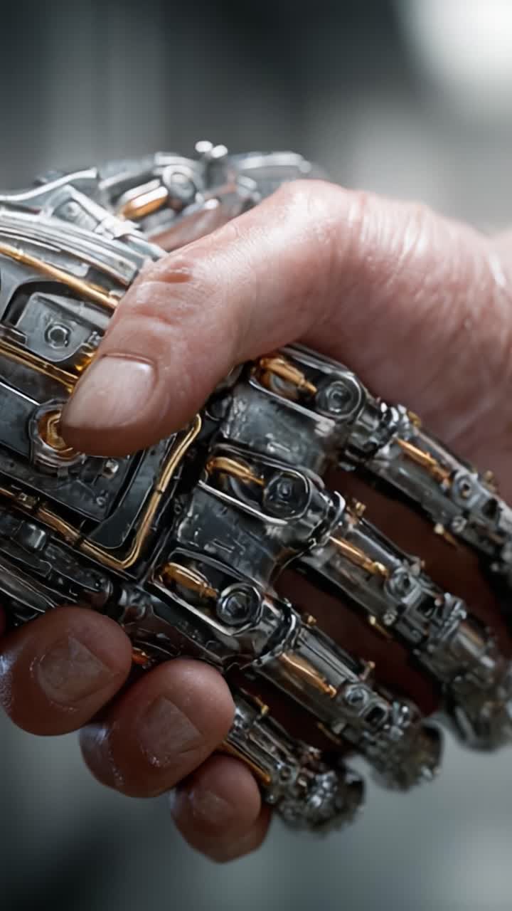 Primo piano di una mano umana che stringe una mano robotica futuristica, che mette in mostra i dettagli intricati del design meccanico e l'interazione uomo-macchina