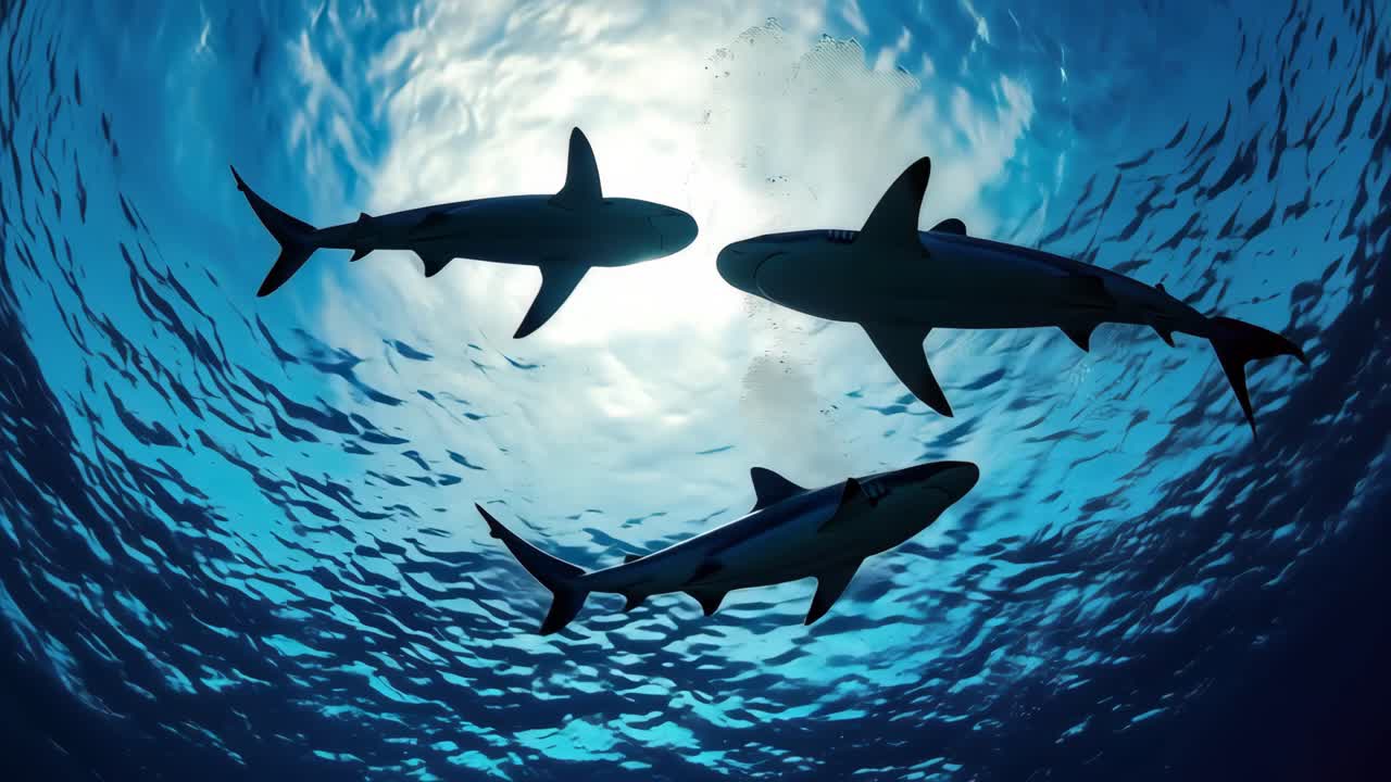 Underwater video scene with three sharks swimming, captured from a low-angle