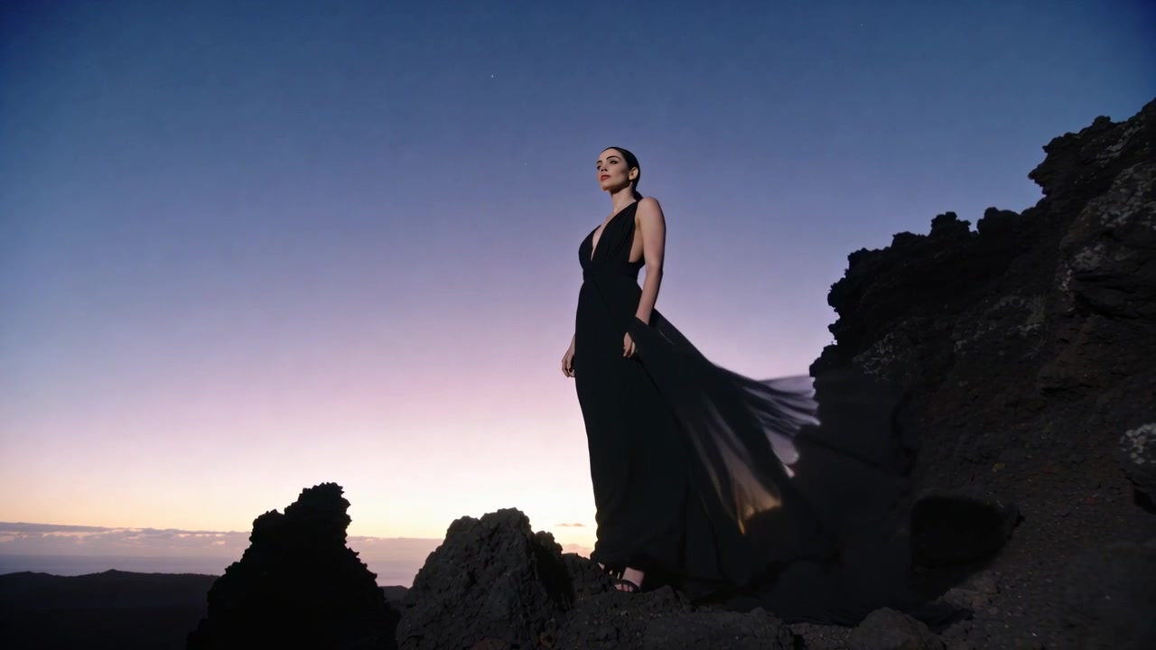 Mulher em pé posando e observando o horizonte em uma crista rochosa ao entardecer, com a brisa levantando a cauda do vestido preto.