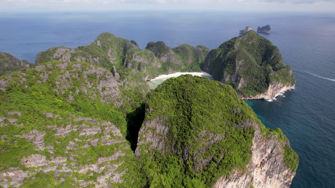 Revealing drone video of beautiful Maya Bay, Phi Phi island, Thailand