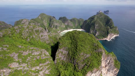 revealing drone video of beautiful maya bay, phi phi island, thailand