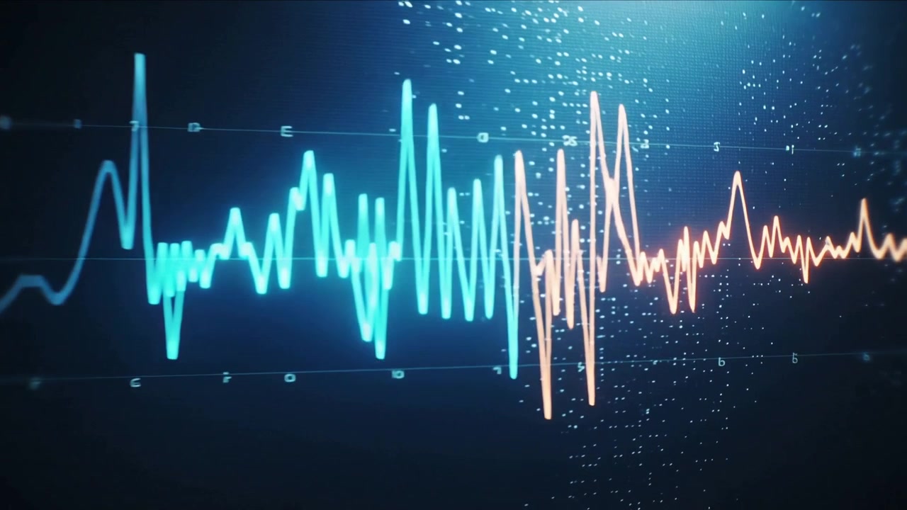 Displaying waveform trace starting with small left spike, amplifying and shifting color on HUD grid