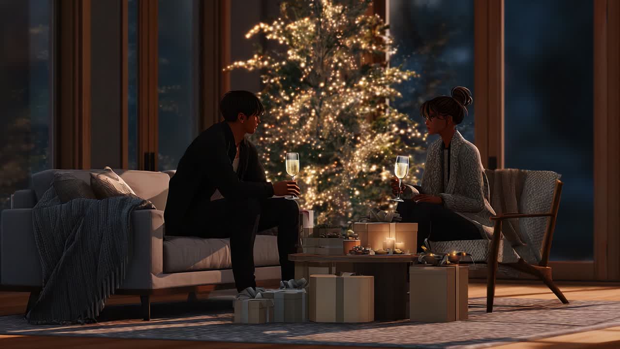A Cozy Evening Holiday Celebration: A Couple Enjoys Festive Drinks by the Christmas Tree, Surrounded by Lights, Gifts, and a Warm Ambiance in a Beautifully Decorated Living Space