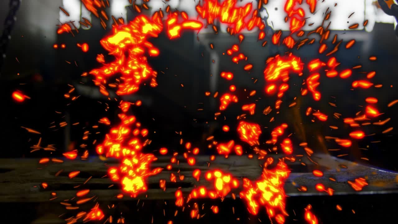 Torch flame heating steel plate, sending glowing sparks cascading and fading for fabrication demo