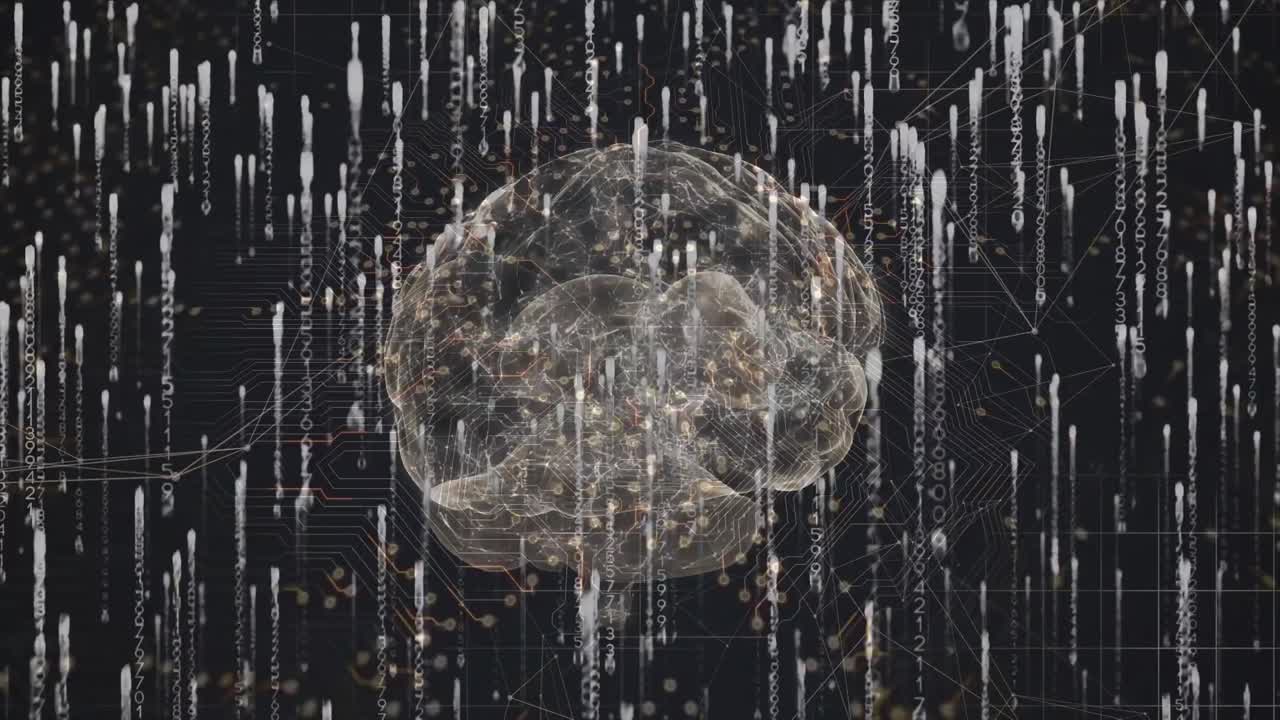 검은 바탕에 떨어지는 불빛 위에 뇌의 애니메이션