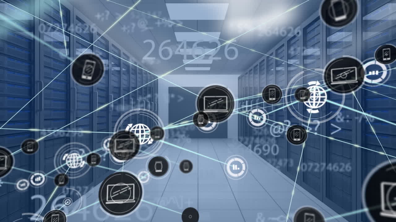 서버  ⁇ 과 데이터 처리에 대한 아이콘으로 연결 네트워크의 애니메이션