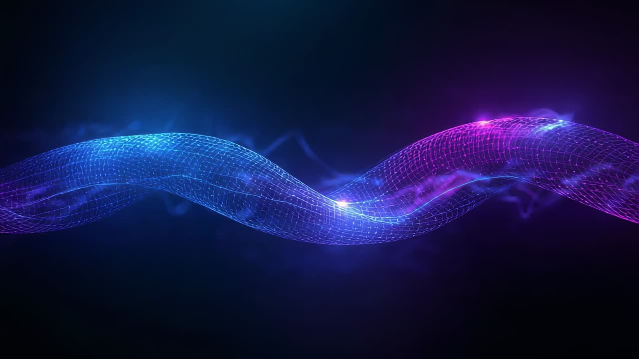 Opening frame, dual color mesh ribbon undulating across virtual studio, pulsing spark and haze