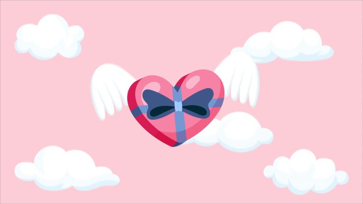 Cœur de dessin animé volant dans le ciel sur fond nuageux rose, animation 2D