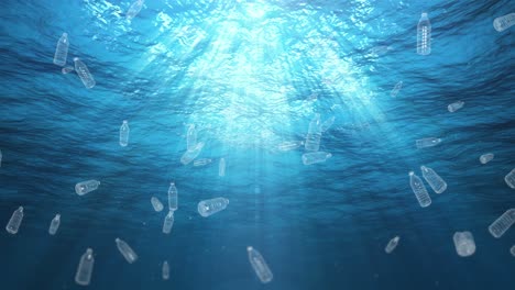 botellas de plástico submarinas basura en el océano (bucle)