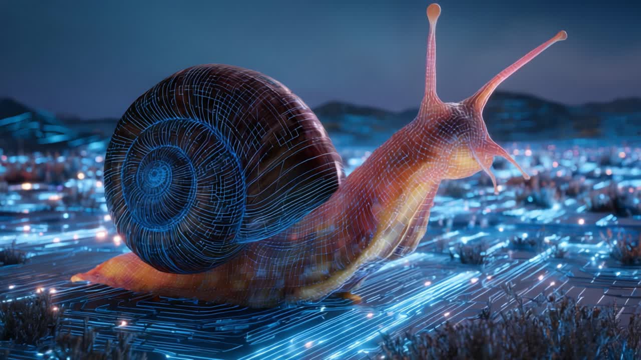 Um caracol com um design incrível atravessando uma paisagem digital, unindo natureza e tecnologia com padrões de circuitos iluminados em um ambiente surreal