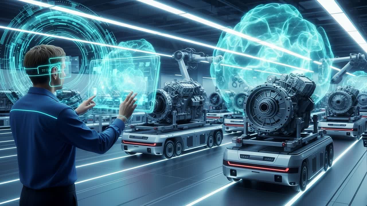 Exploring the Future of Robotics: A Vision of Advanced Technology with Automated Systems, Holographic Interfaces, and Intelligent Machines in a High-Tech Production Environment