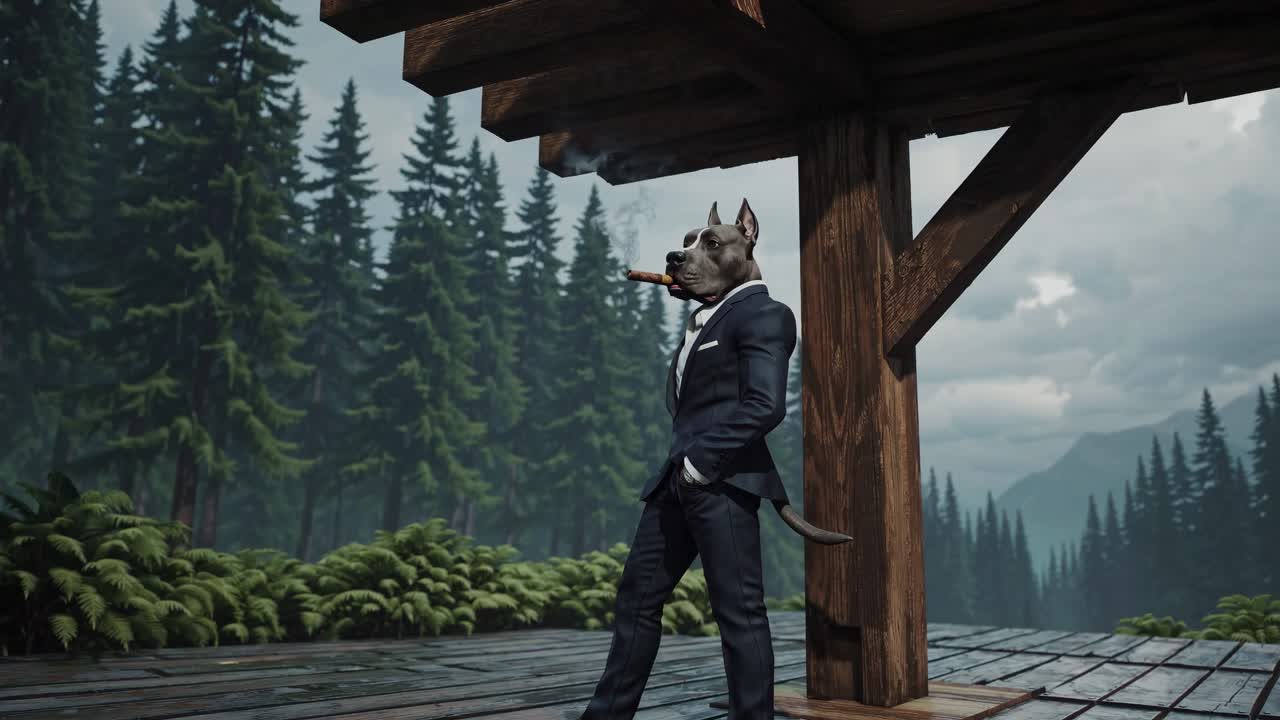 숲에서 담배를 피우고 있는 의복을 입은 개