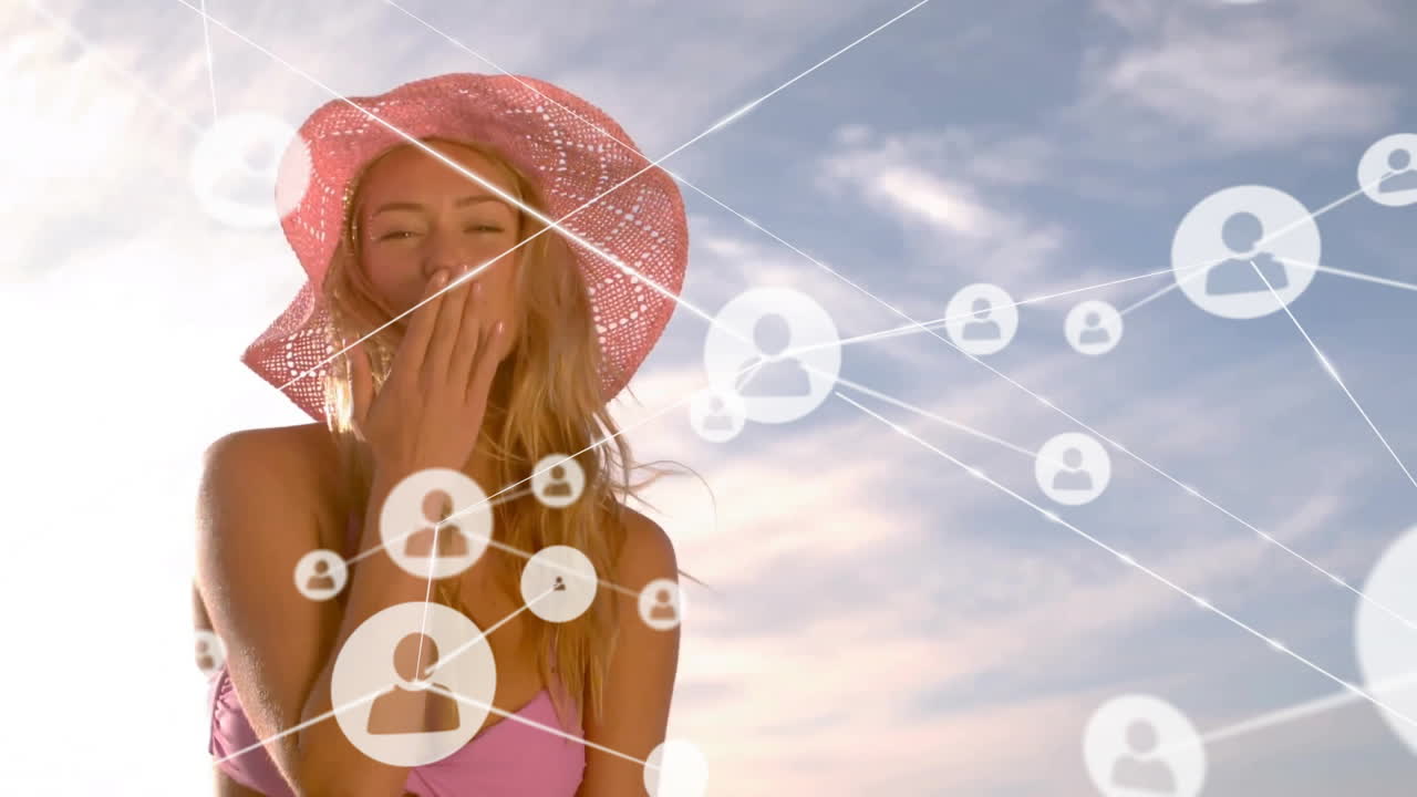 Blowing kiss, woman in pink hat with animation of social network icons