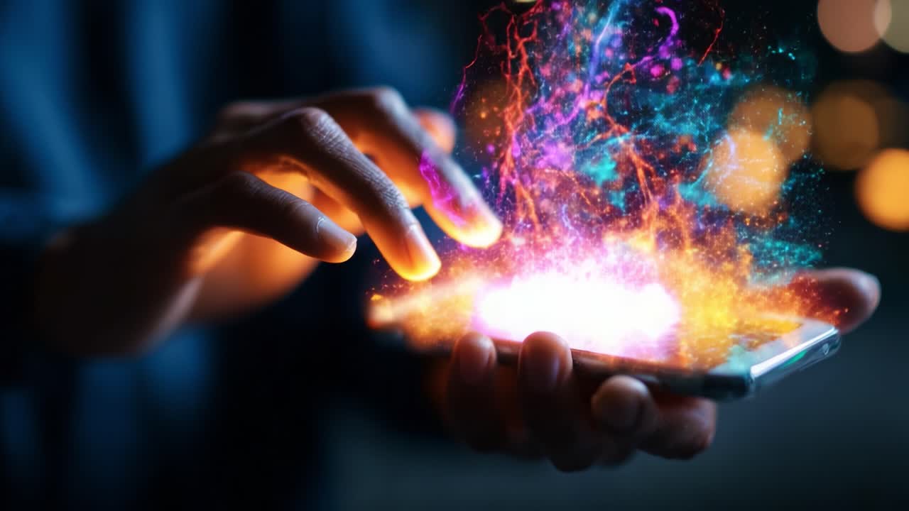 A mesmerizing display of colorful energy radiating from a smartphone, showcasing the interaction between technology and creativity as vibrant sparks come to life at the fingertips