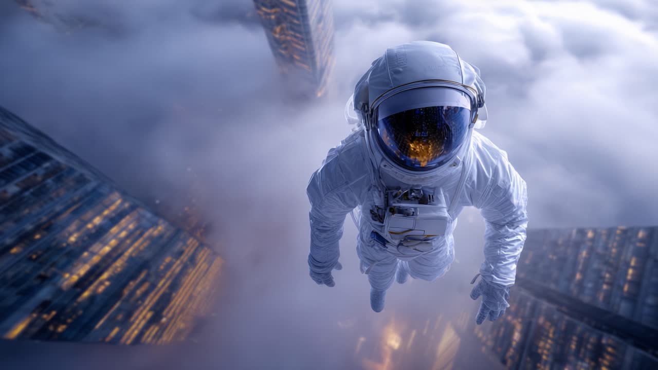 An Astronaut Floating Above the City Skyline in a Cloudy Atmosphere with a Surreal Perspective Capturing the Essence of Space Exploration and Human Adventure