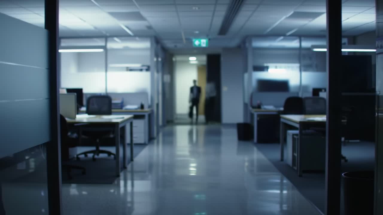 A late-night office scene captures a hurried individual walking through dimly lit workspaces, evoking feelings of urgency and solitude in a professional environment