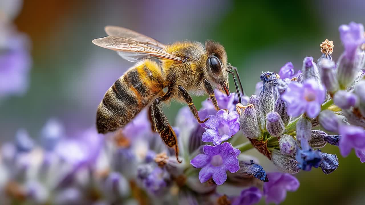 A Close-Up Journey of a Honeybee Pollinating Lavender Flowers, Capturing the Intricate Details of Nature's Beauty in Vibrant Colors