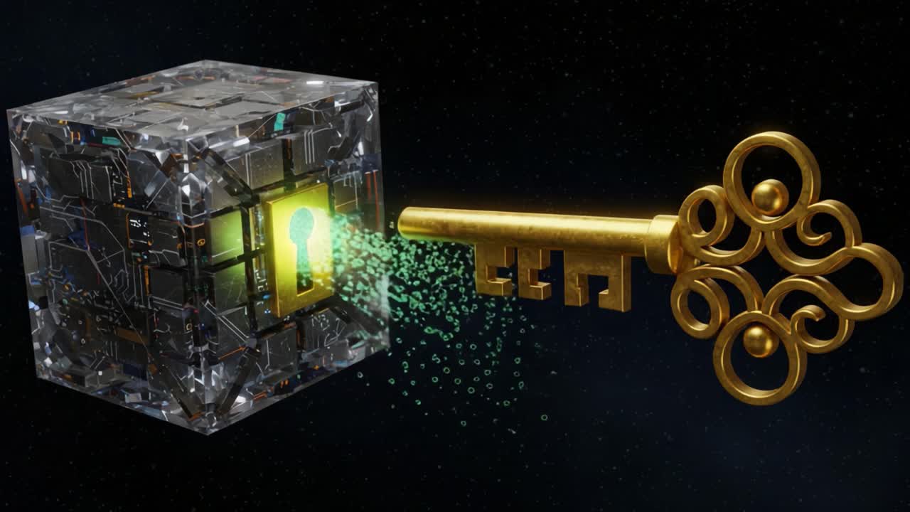 Unlocking the Mysteries of Technology: A Glimpse into a Futuristic Key and Enigmatic Cube Interplay, Signifying Security, Innovation, and Discovery