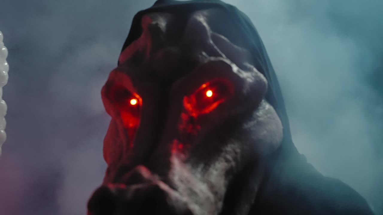 Eerie monster mask with red glowing eyes in smoke, attacking victim