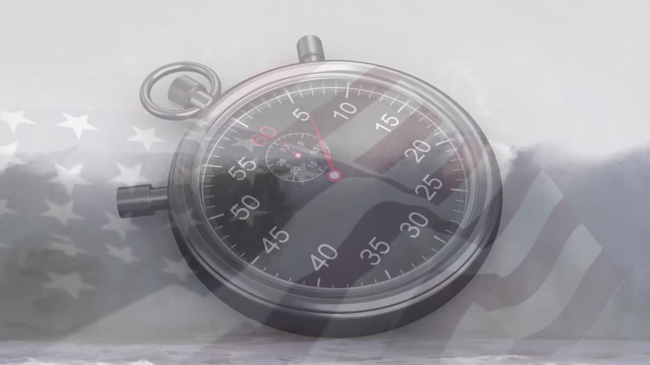 Animation of stop watch ticking over flag of usa
