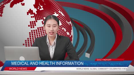 live news studio with asian professional female anchor and her computer reporting on the events of the day