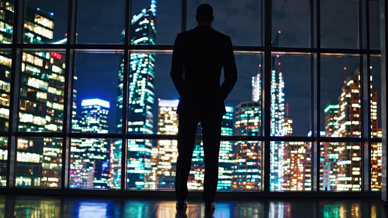 Silhouette of a man in a suit facing a cityscape through a large window