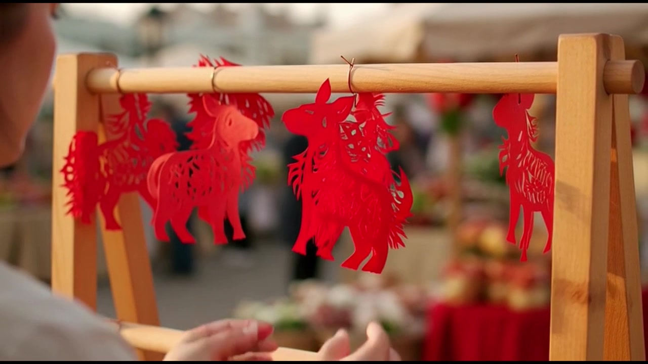 Mulher Pendurando Recortes de Papel Vermelhos Tradicionais em um Mercado ao Ar Livre