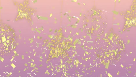 Animation-of-gold-confetti,-christmas-baubles-and-stars-swinging-over-pink-background