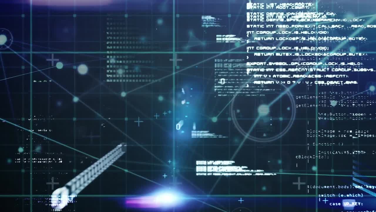 Animation of data processing over grid network against network of connections on blue background