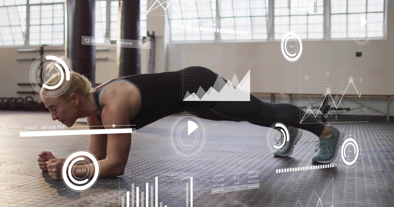 Female athlete starting kneeling reach and shifting to forearm plank while HUD bars tracking core