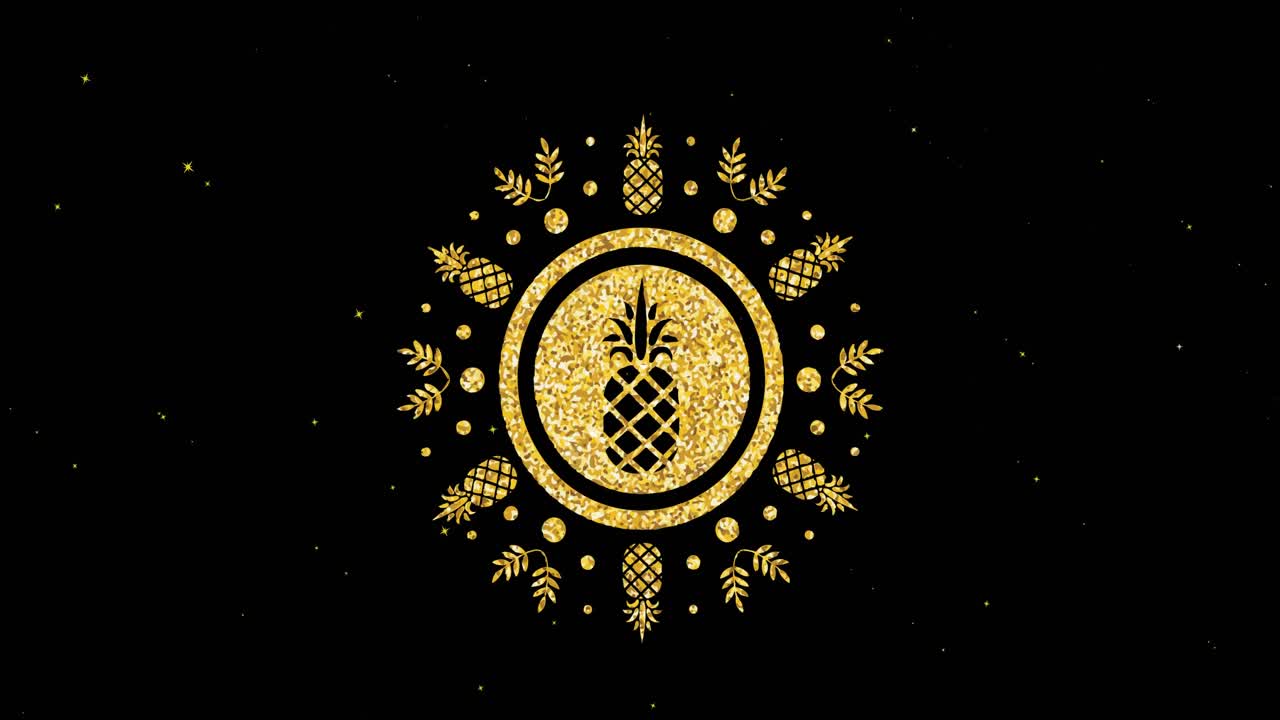 검은 바탕에 움직이는  ⁇  별 위에 금색 파인애플과 잎 디자인의 애니메이션