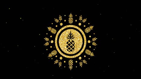 animation of gold pineapples and leaf design over white stars moving on black background