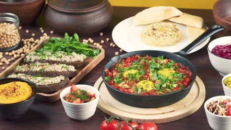 traditional israeli cuisine. shakshuka in pan decorated with parsley, forshmak and hummus on table. national jewish dishes. eggs fried in tomato sauce, dip, pita, middle eastern culture