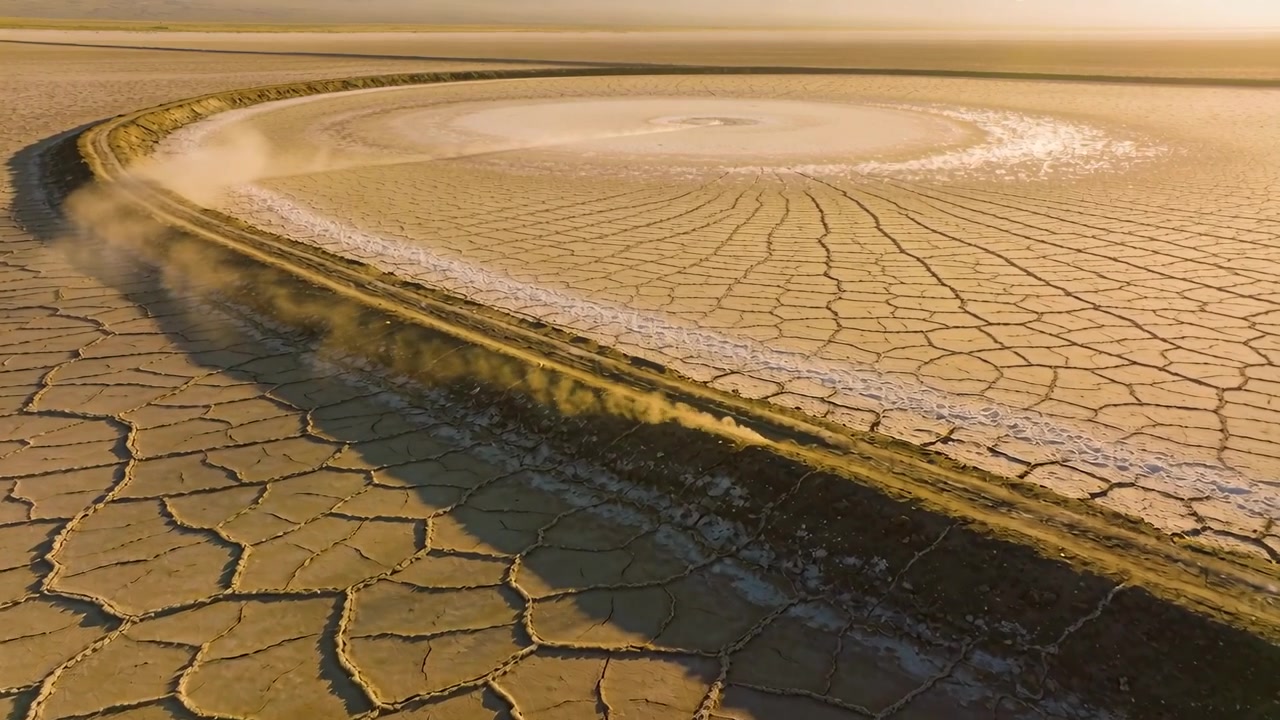 Starting off-road vehicle entering frame and driving clockwise on berm around salt pan