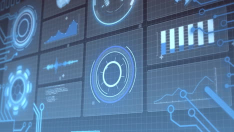 animation of digital data processing and scope scanning on screens over blue background