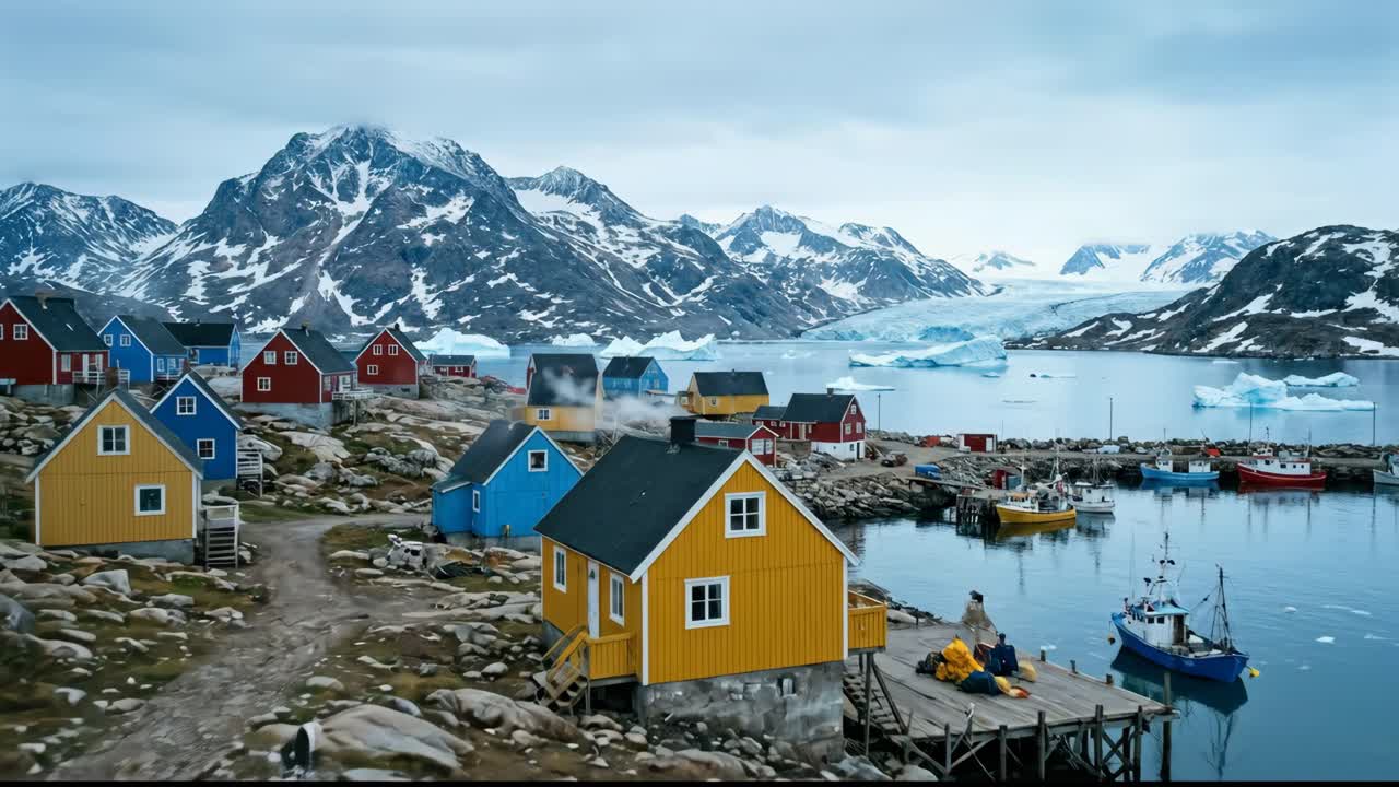 Fargerik arktisk landsby med isbre og fiskebåter på Grønland