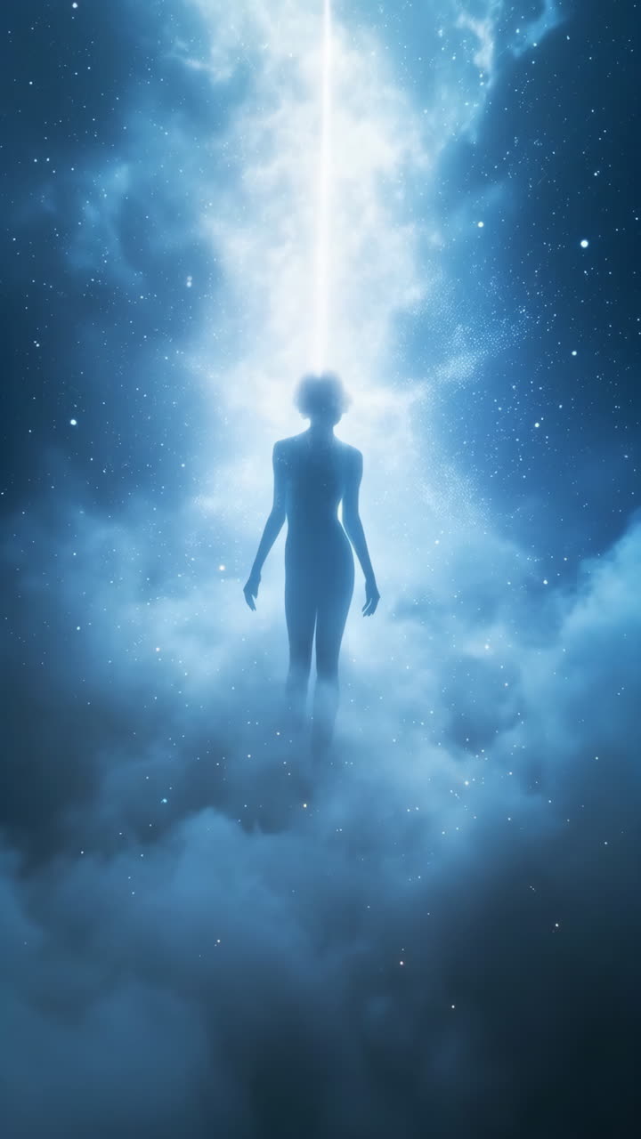 Ethereal Figure Ascending Through Cosmic Clouds